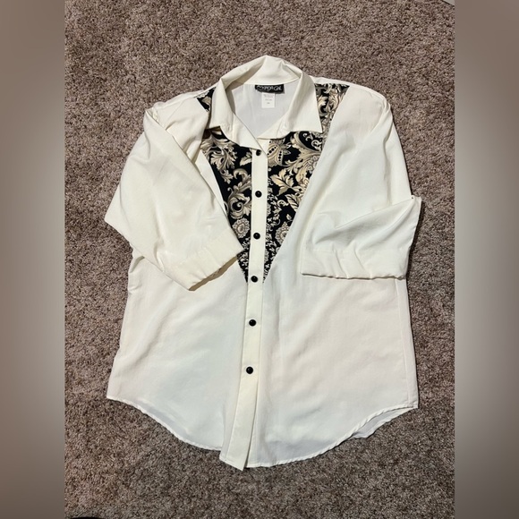 My Kinda Gal Vintage Cream Blouse Black Paisley Shoulder Pads Made in USA L - Picture 9 of 15